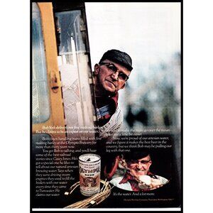 1973 Olympia Beer Vintage Print Ad Subway Train Conductor Engineer Hat Wall Art